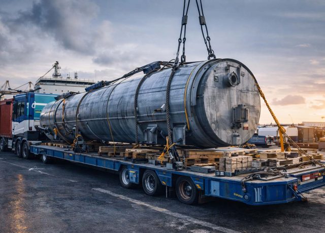 Semi truck towing heavy equipement